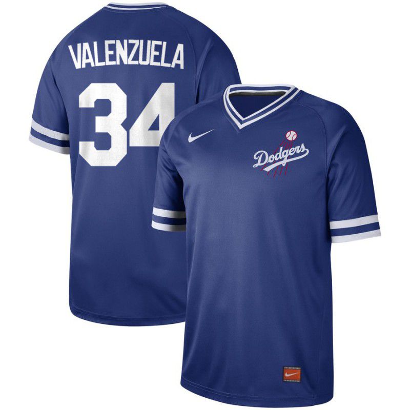 Men Los Angeles Dodgers 34 Valenzuela Blue Nike Cooperstown Collection Legend V-Neck MLB Jersey